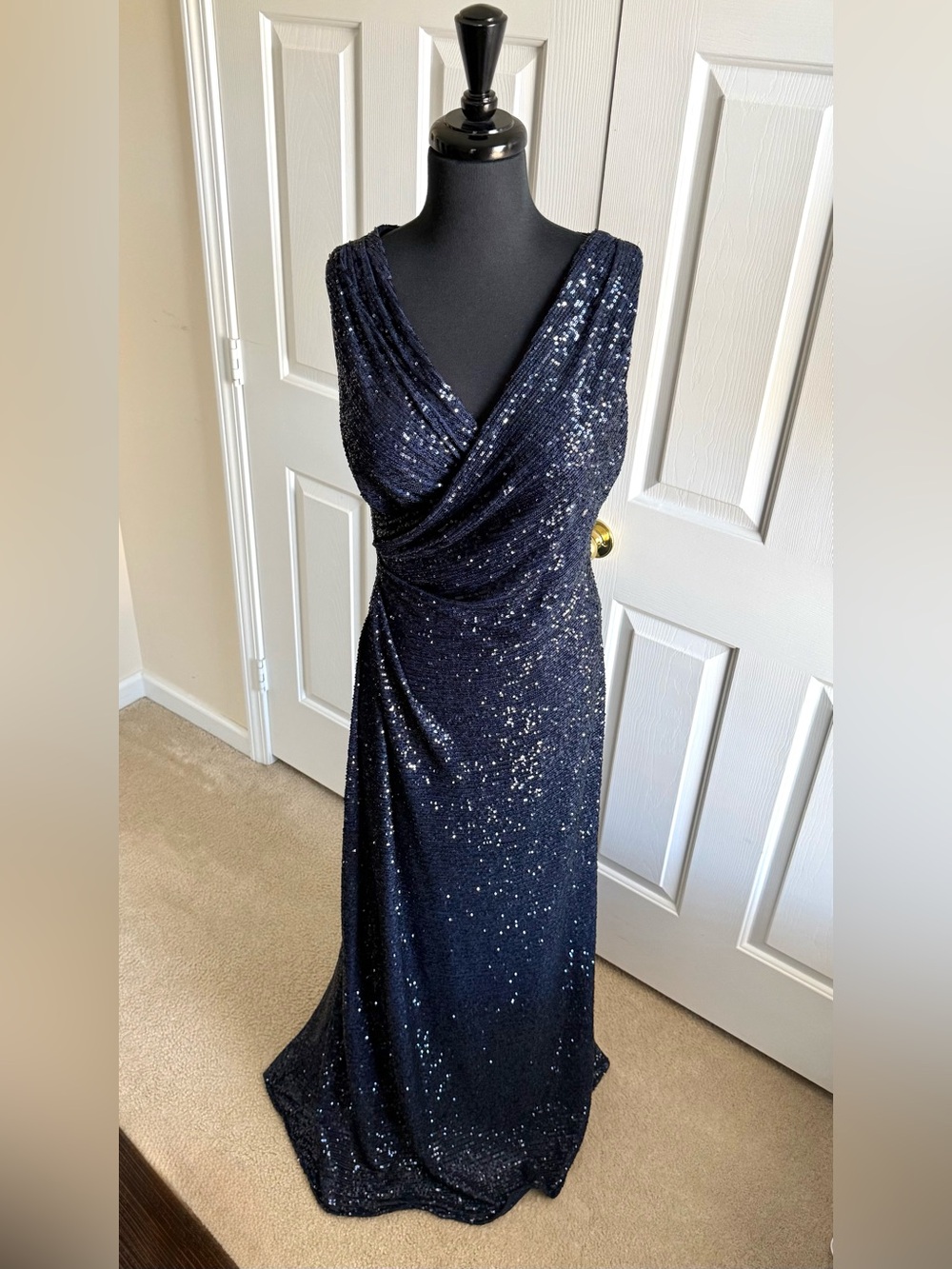 Pronovias Navy Sequin Draped V-Neck Maxi Gown